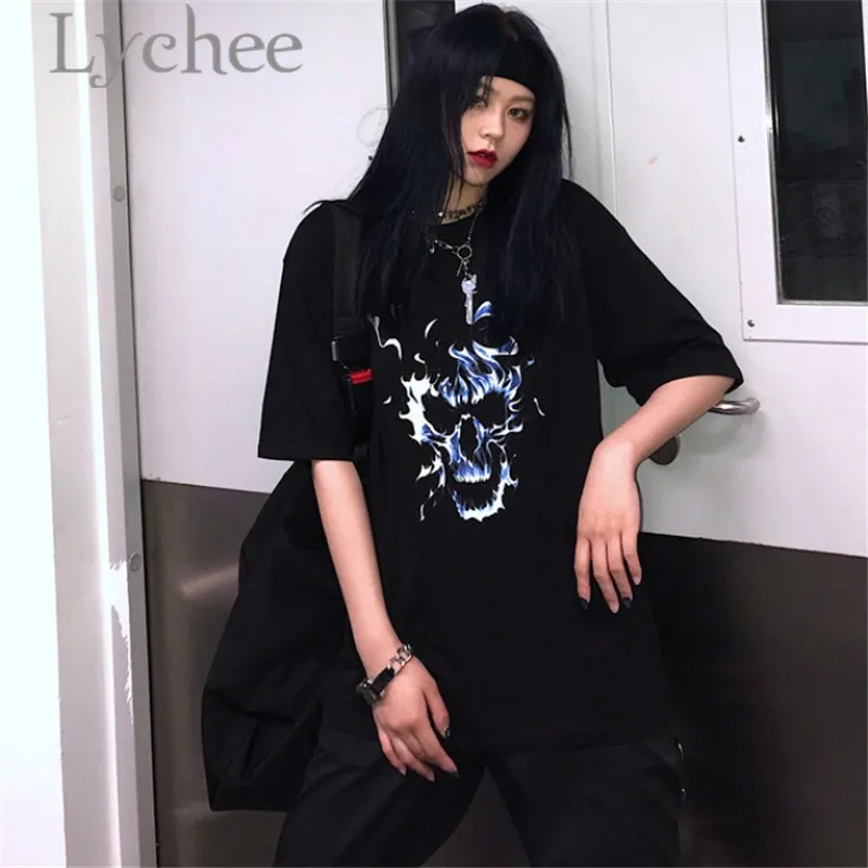 Lychee Harajuku Ghost Flame Print Lady Футболка Топ тройники круглый вырез свободный короткий рукав весна лето женские футболки Топ тройники