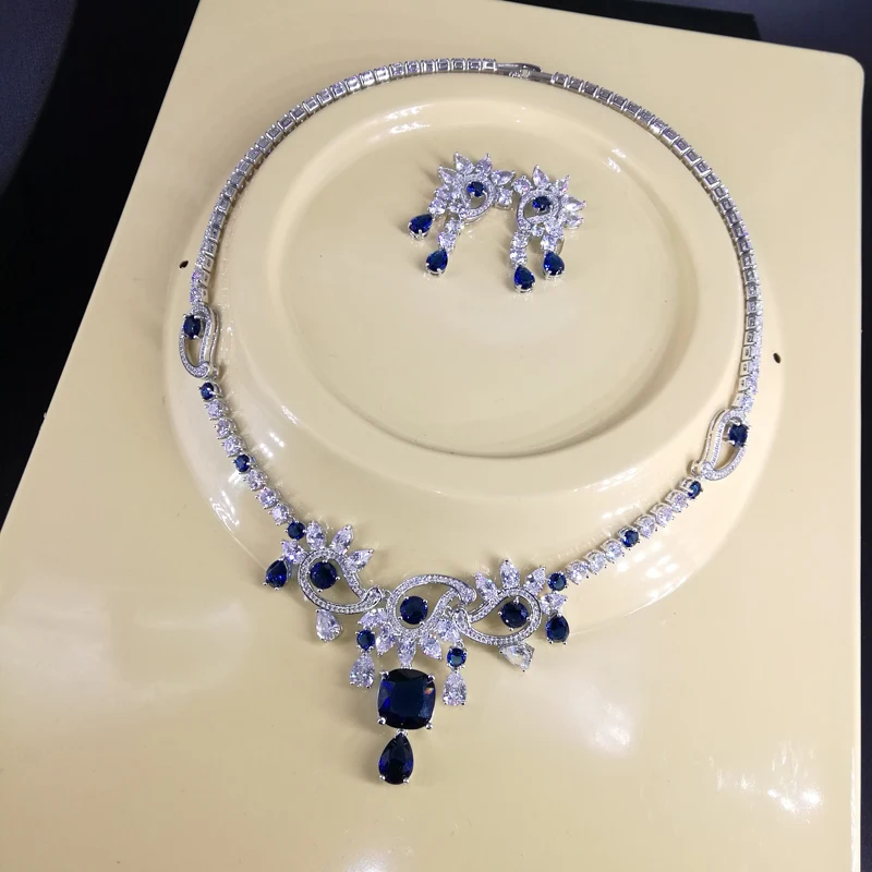Новое модное романтическое синее циркониевое ожерелье AAA серьги для свадьбы