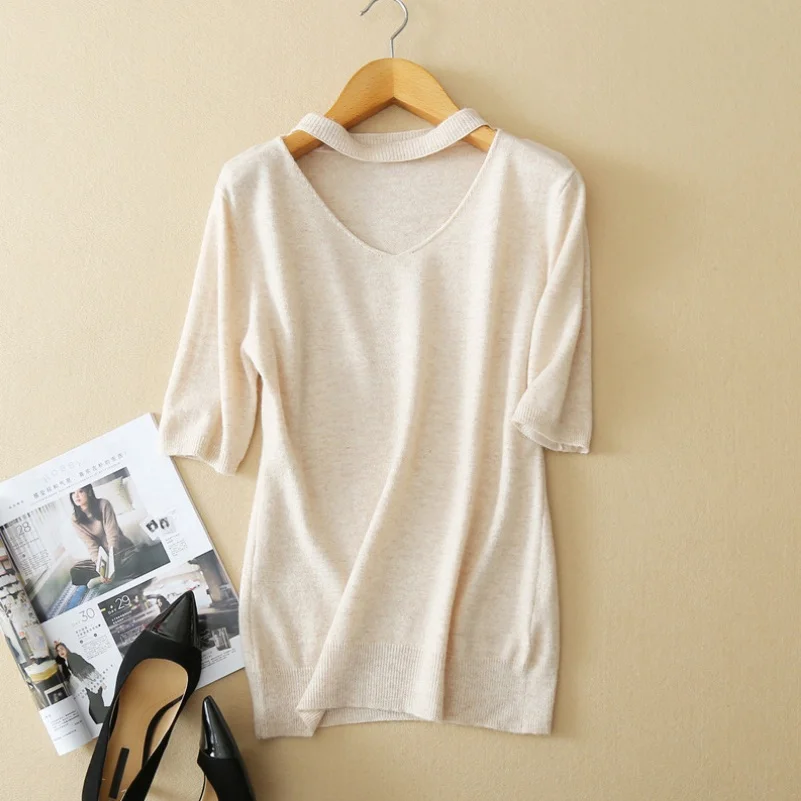 Women 100% Wool Sweater Autumn Fashion V-neck Short Sleeve Pullovers Knitted Sweaters S-XXL | Женская одежда