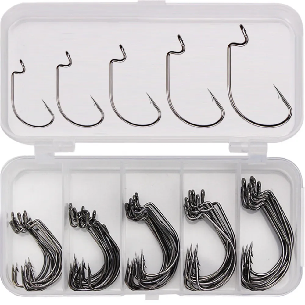 

50pcs/lot High Carbon Steel Crank Hooks Set with Box 5 Size 1# 2# 1/0# 2/0# 3/0# Soft Bait Fishing Hooks Fishhook Fishing Tools