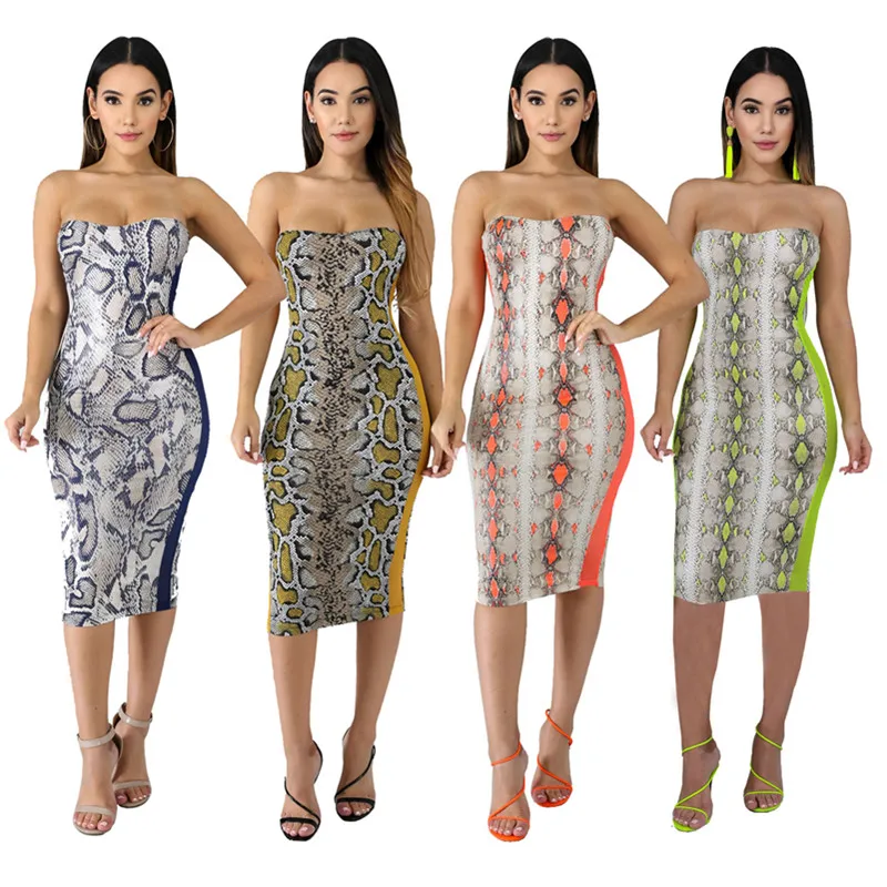 Women Snakeskin Print Bodycon Dress Summer Strapless Evening Party Slim Pencil 2019 Backless Elegant Vestido Plus Size | Женская одежда