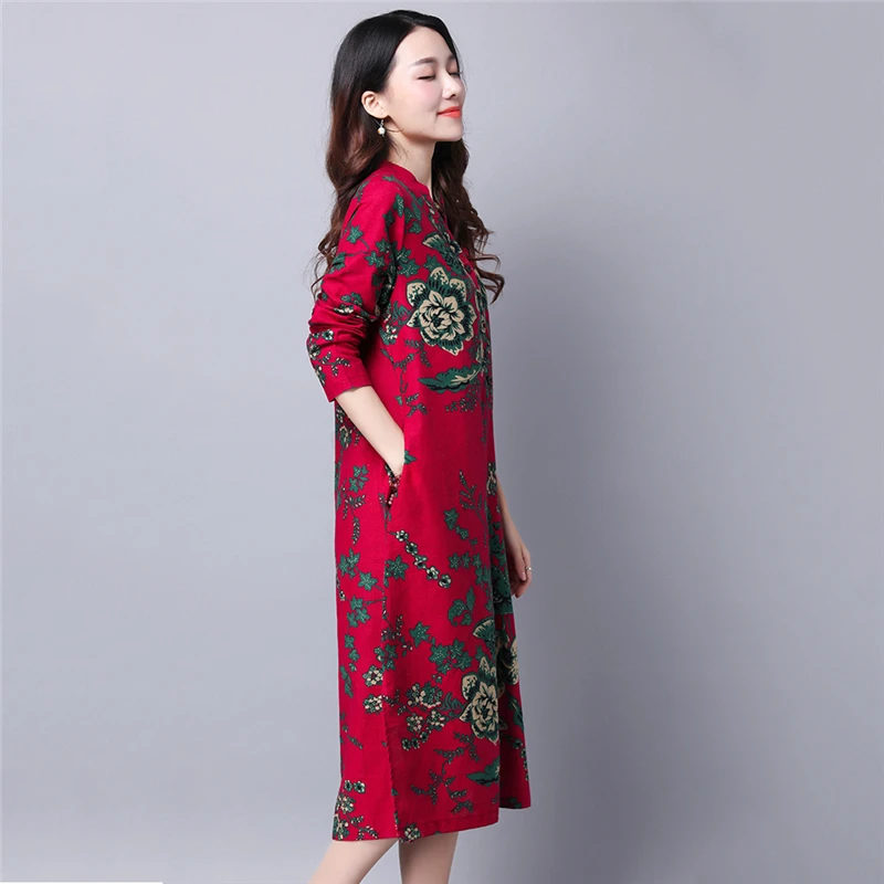 2020 New Spring Autumn Women's Dress Ethnic Style Loose Women Dreses Vintage Print Female Cotton linen Ladies FC64 | Женская одежда