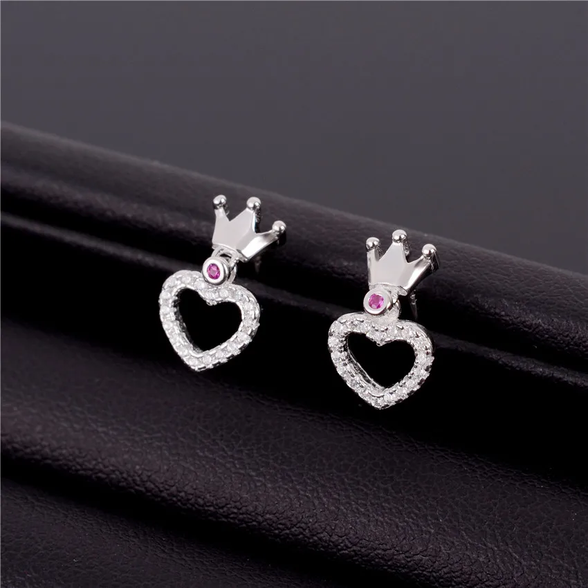 Almei 2017 New Real 925 Sterling Silver Heart Crown Pave Stud Earrings With Clear CZ for Women Girls Gifts with Box 40% LR021 | Украшения и