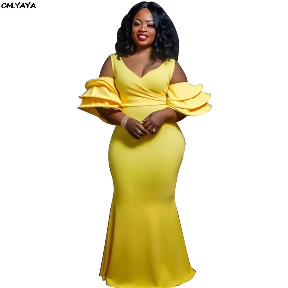 Женское платье макси с каскадными оборками средней длины рукавом до локтя V