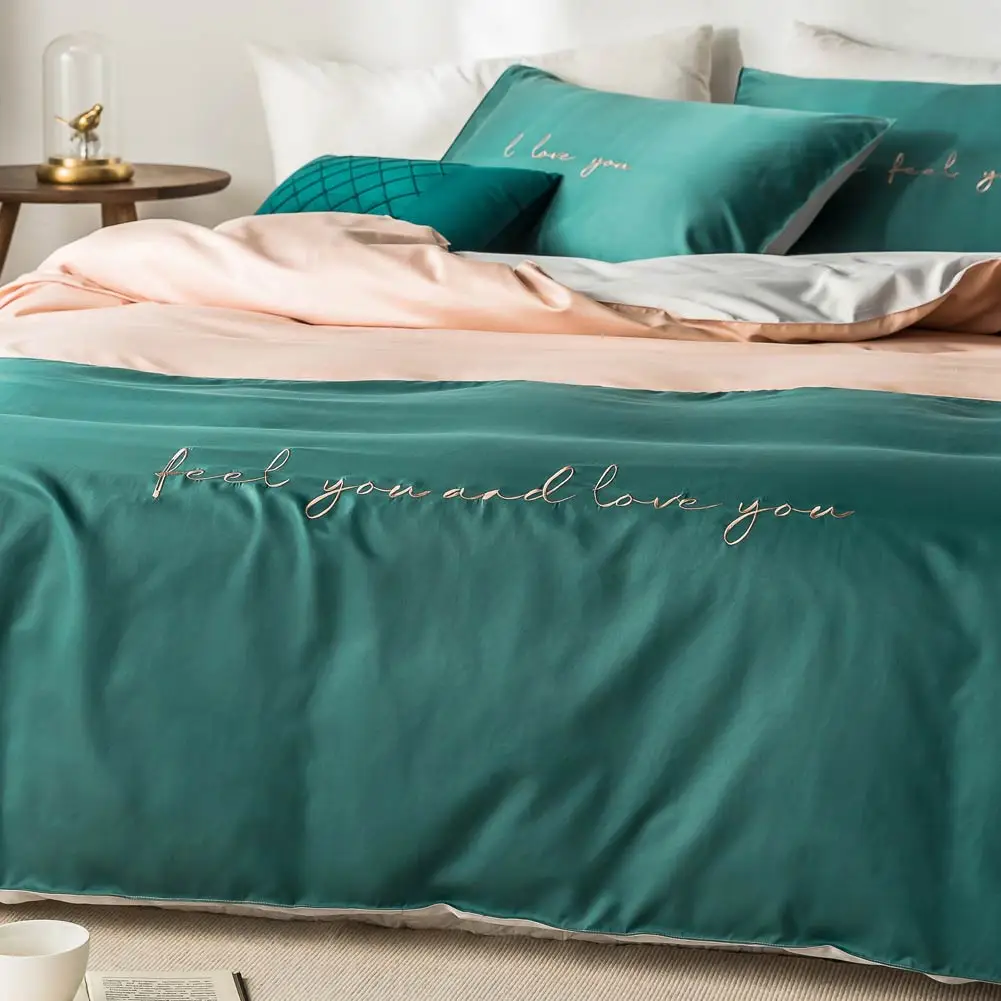 Nordic Light Green Dark INS Embroidery Bedlinens Artificial Silk Satin Duvet Cover Set Queen King Bedsheet Bedding Set