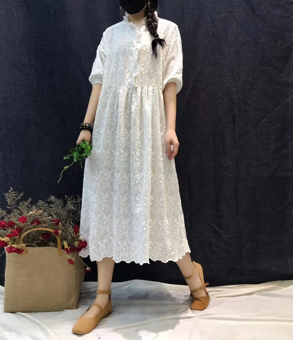 Винтажное хлопковое платье с рукавом три четверти и тяжелой вышивкой mori girl лето