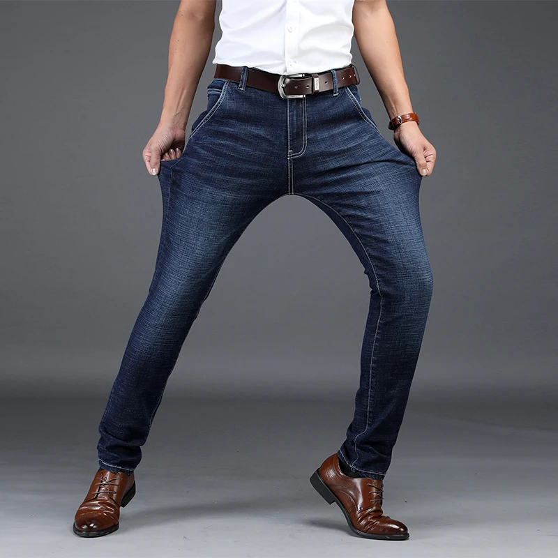 Модные деловые повседневные Стрейчевые джинсы Мужские осенне зимние облегающие