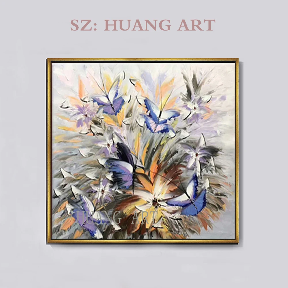

No dark blue flower borders of the panel wall thick knife painting home decor hand-painted oil painting decorative hall bedroom