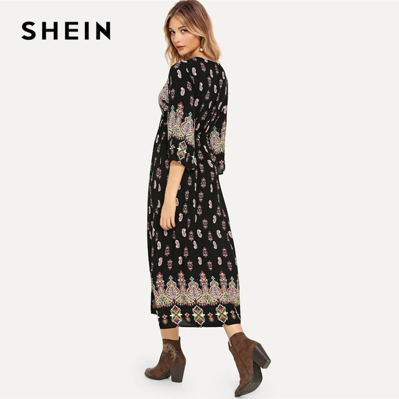 SHEIN Платье С Глубоким Вырезом В Стиле Бохо Длинное V Образным Вырезом|Женские