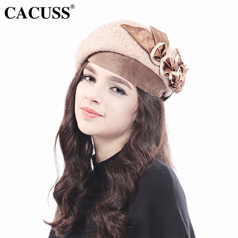 CACUSS Elegant Women Wool Cap Fedoras Female Winter Warm Floral Flet Hats Party Berets Chapeau Femme | Аксессуары для одежды