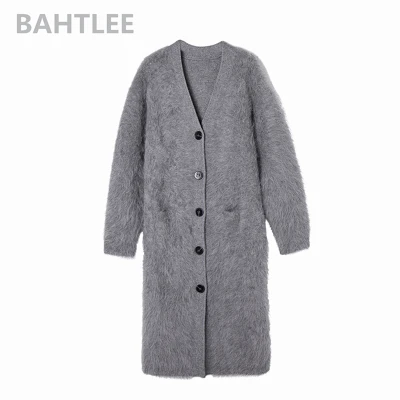 deep gray BAHTLEE, зимний шерстяной вязаный женский Ангорский длинный кардиган, свитер, норка, кашемир, v-образный вырез, пуговица, карман, толстый, сохраняет тепло - Цвет: deep gray