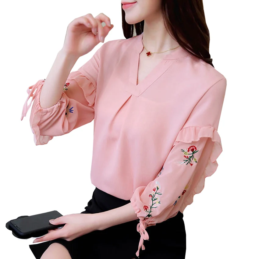 Женская рубашка с цветочной вышивкой летняя шифоновая блузка рукавом-фонариком