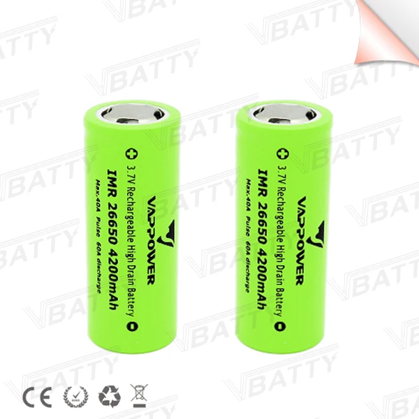 Vappower IMR 26650 4200 мА/ч, 60A 3,7 V аккумуляторная батарея Li-mn общего назначения Мощная батарея с плоским верхом(1 шт