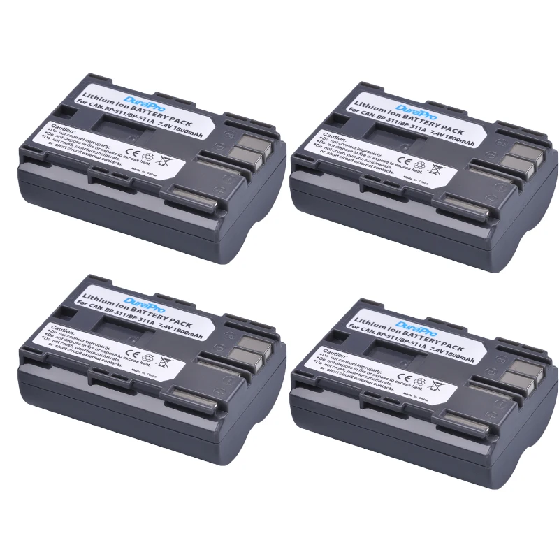 

4Pcs DuraPro 1800mAh BP-511 BP511 BP-511A Rechargeable Battery for Canon Powershot G6 G5 G3 G2 G1 EOS 300D D30 D60 D50 40D 30D