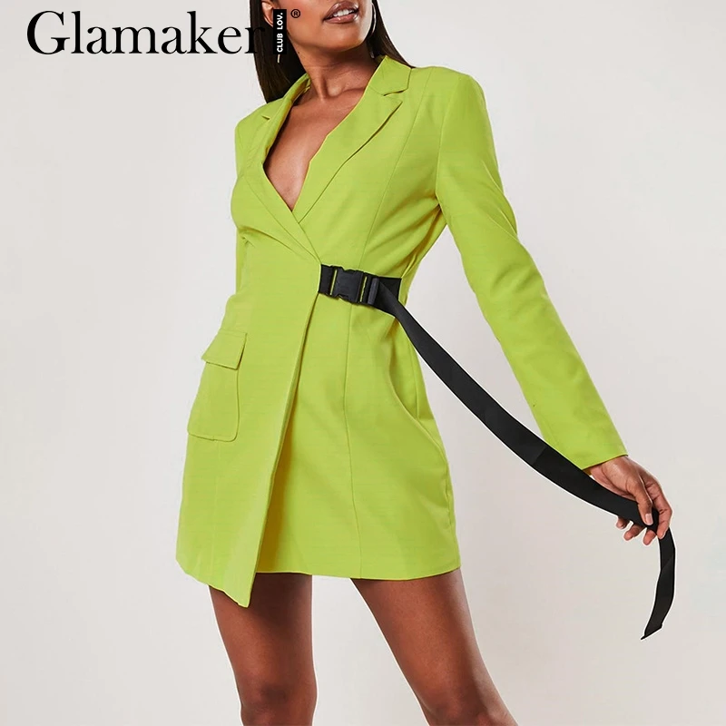 Зеленый Glamaker V шеи белый пояс Женский блейзер платье осень сплошной длинный рукав Повседневная куртка Женская Офисная Леди Элегантный Блейзер платье - Цвет: Зеленый