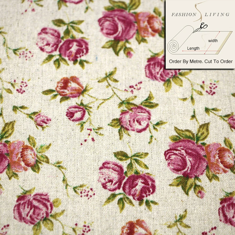 150 см Широкий винтажный принт хлопок лен розы цветы льняная базовая ткань DIY