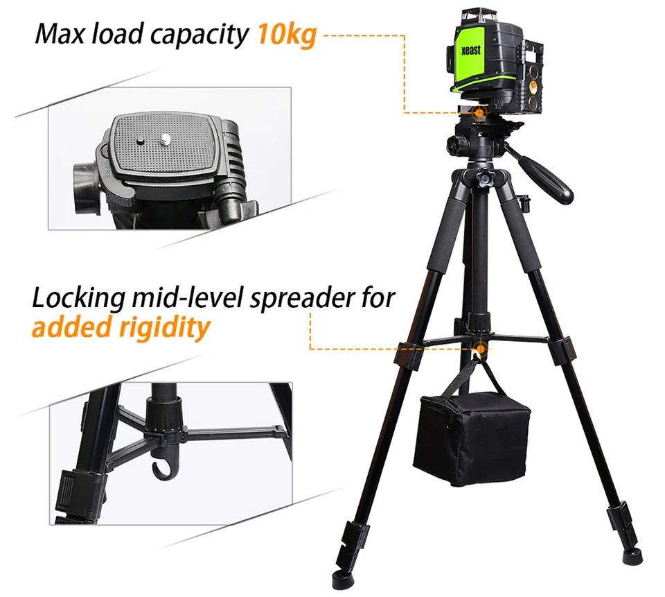 XEAST Multi-function Travel Camera Tripod 56"/143cm Adjustable Laser Level with 3-Way Swivel Pan Head Bubble | Инструменты