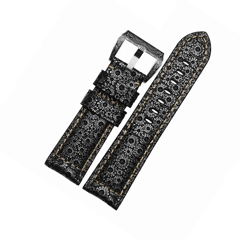 For PAM441 448 312 wristband  high quality Cowhide Genuine Leather Watch Band retro flower grain Thick Soft Watchband 22 24 26mm