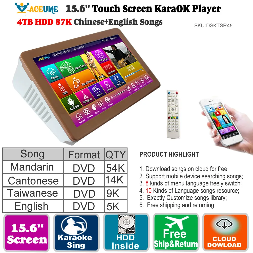 4 ТБ HDD 77K песни китайский английский сенсорный экран караоке плеер 15 '' рабочий