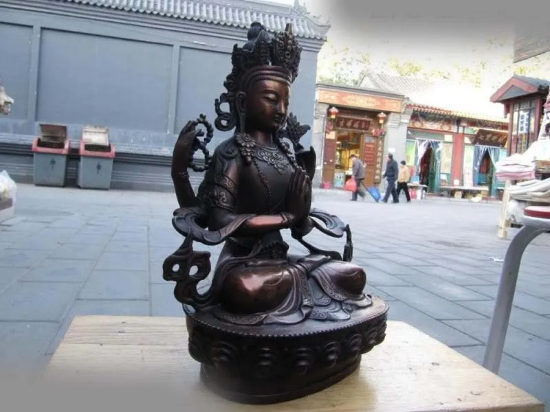 12 &quotкитайский красный Бронзовый Четыре Руки Кван-Инь Бодхисаттва Статуя Будды |