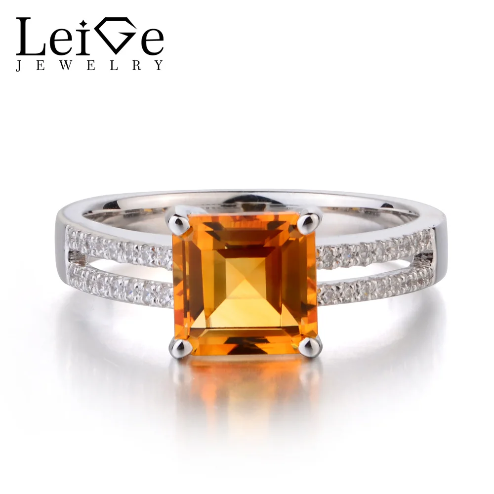 

Leige Jewelry Genuine Natural Citrine 925 Sterling Silver Ring Princess Cut Yellow Gemstone Anniversary Engagement Rings for Her