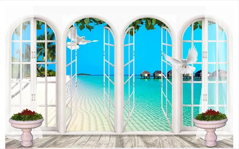 

Фотообои 3d, обои на заказ, европейские арки, окна снаружи, обои: Пляж моря, 3d фон, настенная живопись, гостиная