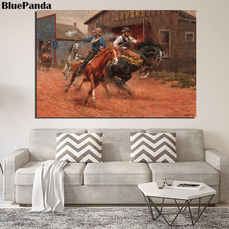Ковбойская езда лошадь война город Weatern плакат картина маслом холст настенная