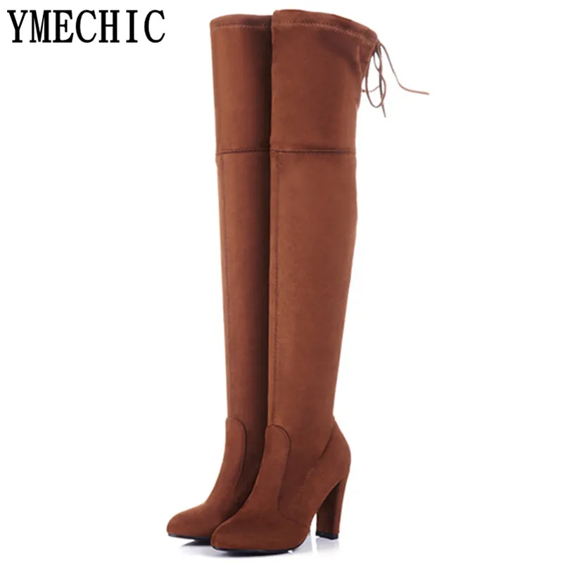 Женские Эластичные высокие сапоги YMECHIC замшевые на высоком каблуке для верховой