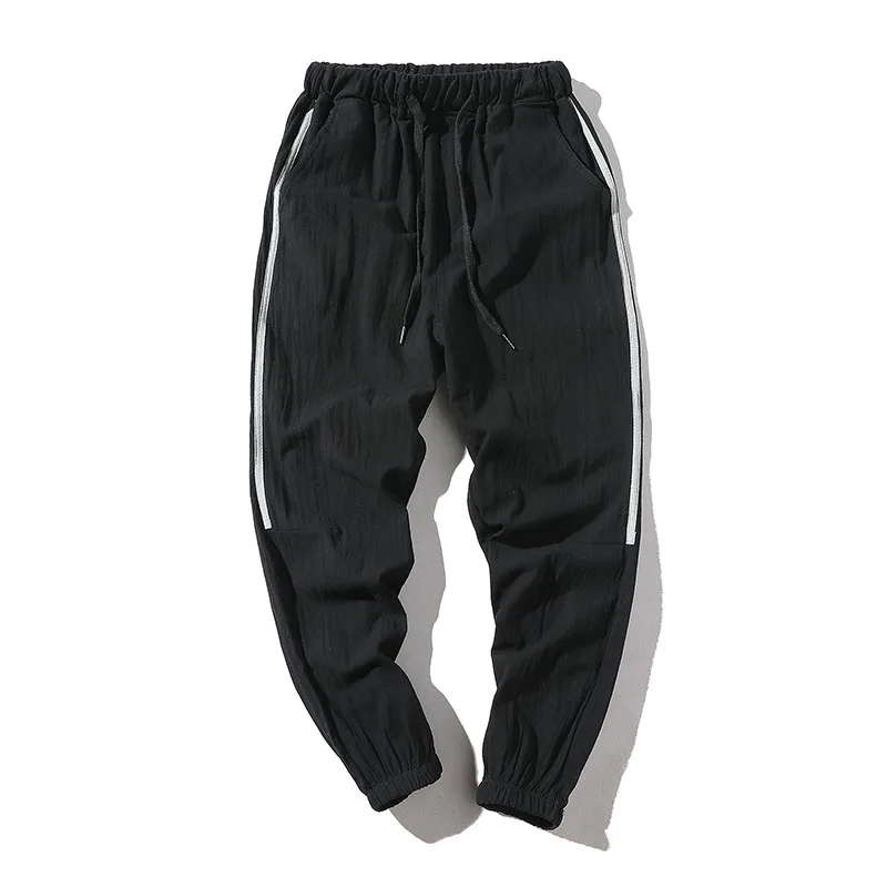 Black M-5XL размера плюс Летние льняные брюки мужские брюки с карманами в стиле хип-хоп Черные Полосатые мужские брюки-карандаш Мужская одежда для бега - Цвет: Black