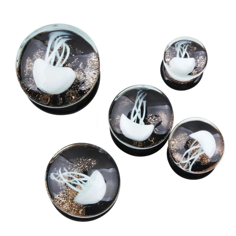New 8-16mm A Pair of Glass Ear piercing Fashion Double Flared White Jellyfish earrings Plugs Translucent ocean body jewelry | Украшения и