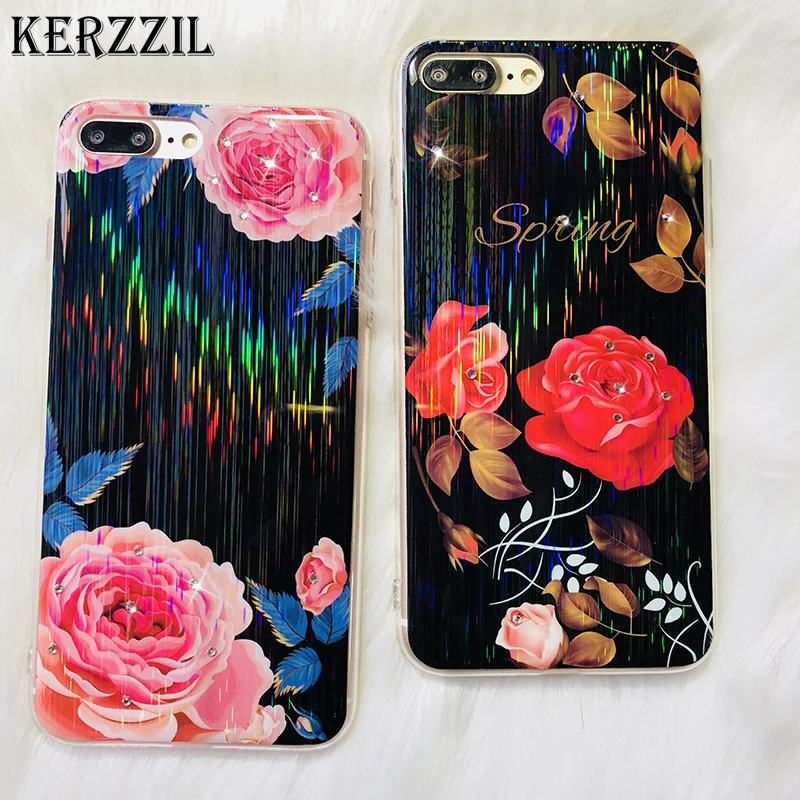 Kerzzil красочные лазерные Стразы Цветы Чехлы для iPhone X 7 8 Plus Алмазный Мягкий ТПУ