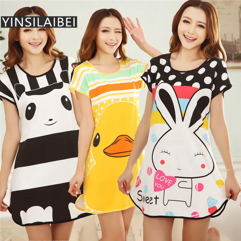 Женская летняя одежда для сна милые Мультяшные атласные ночные рубашки из