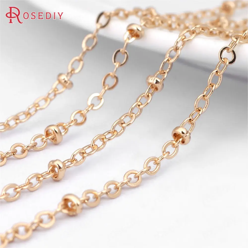 

(D084)2 meters width 2mm High Quality Champagne Gold Color Plated Copper Flat O Shape chain with Station Beads Necklace Chains