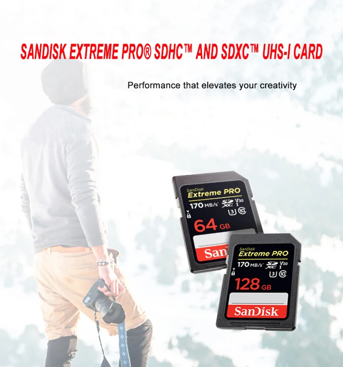 Двойной Флеш-накопитель SanDisk Extreme PRO sd карты 128 ГБ 256 SDXH до 170 МБ/с. скорость чтения sd card 64 ГБ 32 ГБ оперативной памяти, 16 Гб встроенной памяти, до 95 МБ/с. скорость чтения карты памяти