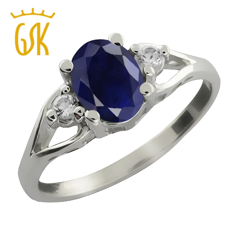 GemStoneKing 1.83 Ct 8x6 мм Овальный Синий Сапфир и Белый Кольцо Стерлингового Серебра 925