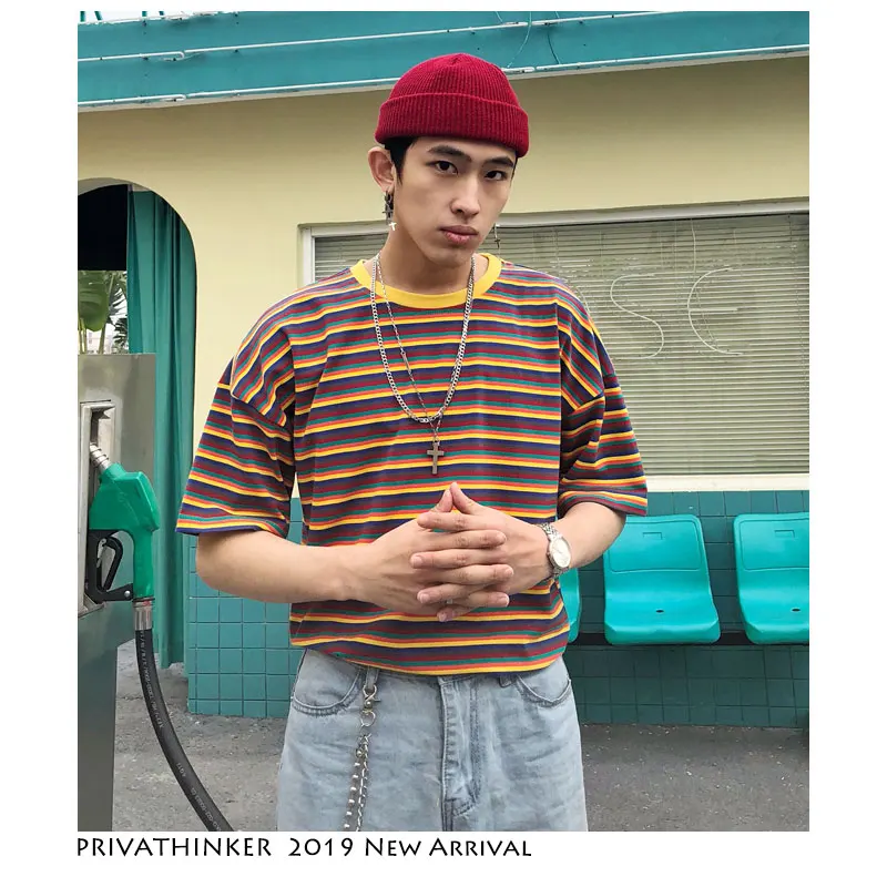 Privathinker 2019 Новое поступление мужские корейские модные полосатые футболки летние