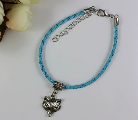 Модный Плетеный Синий кожаный браслет с лисой Винтажный серебряный застежкой