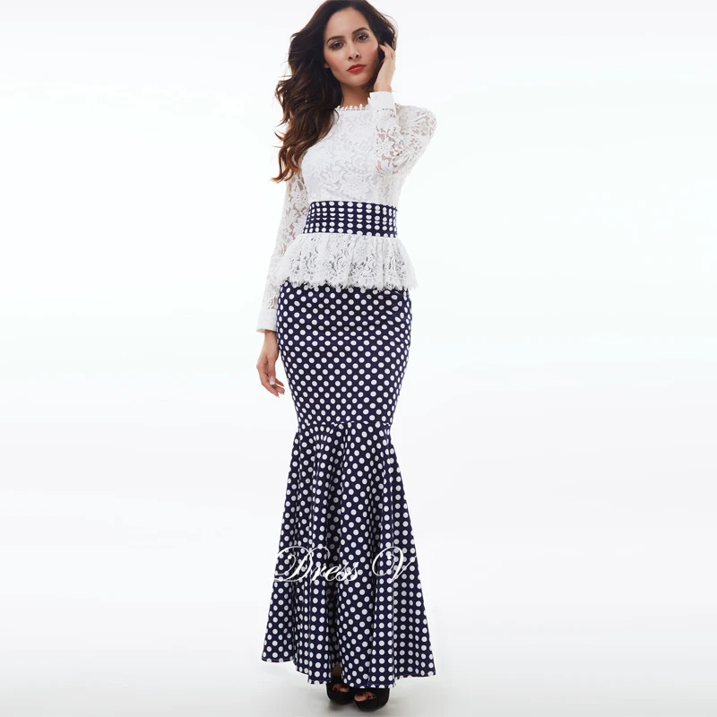 Платье-Русалочка в горошек белое вечернее платье с длинным рукавом и глубоким