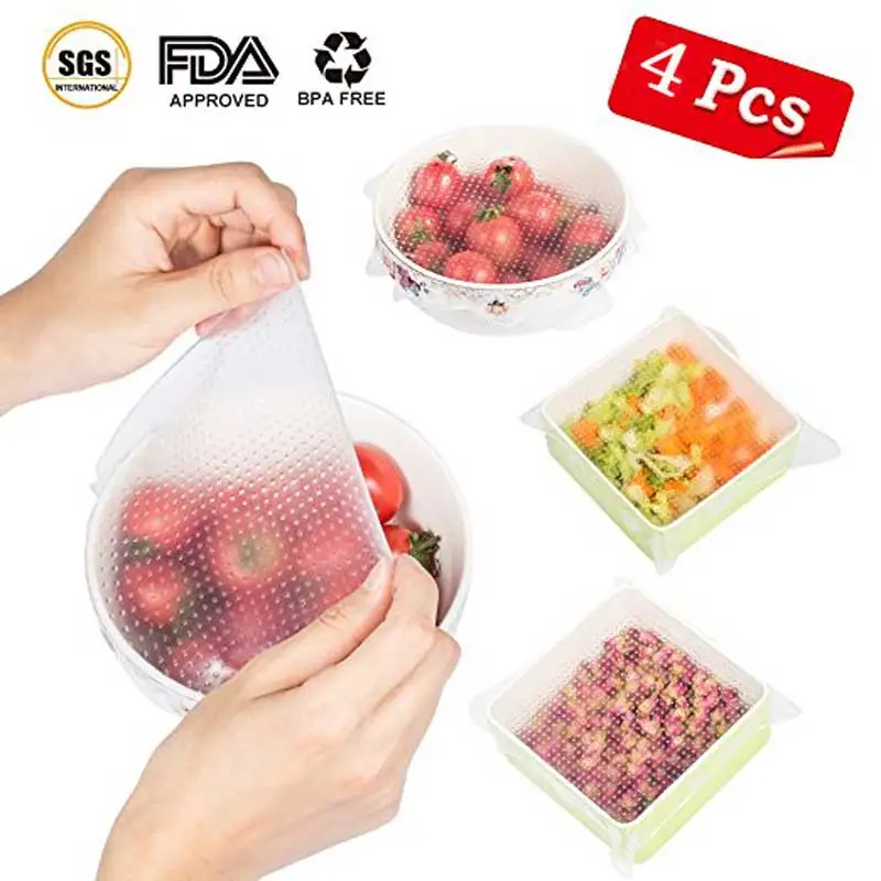 

ANDES 4Pcs/ Set Reusable Universal Silicone Saran Wrap Cover Lids Food Bowl Pot Stretch Kitchen Vacuum Seal Bowls
