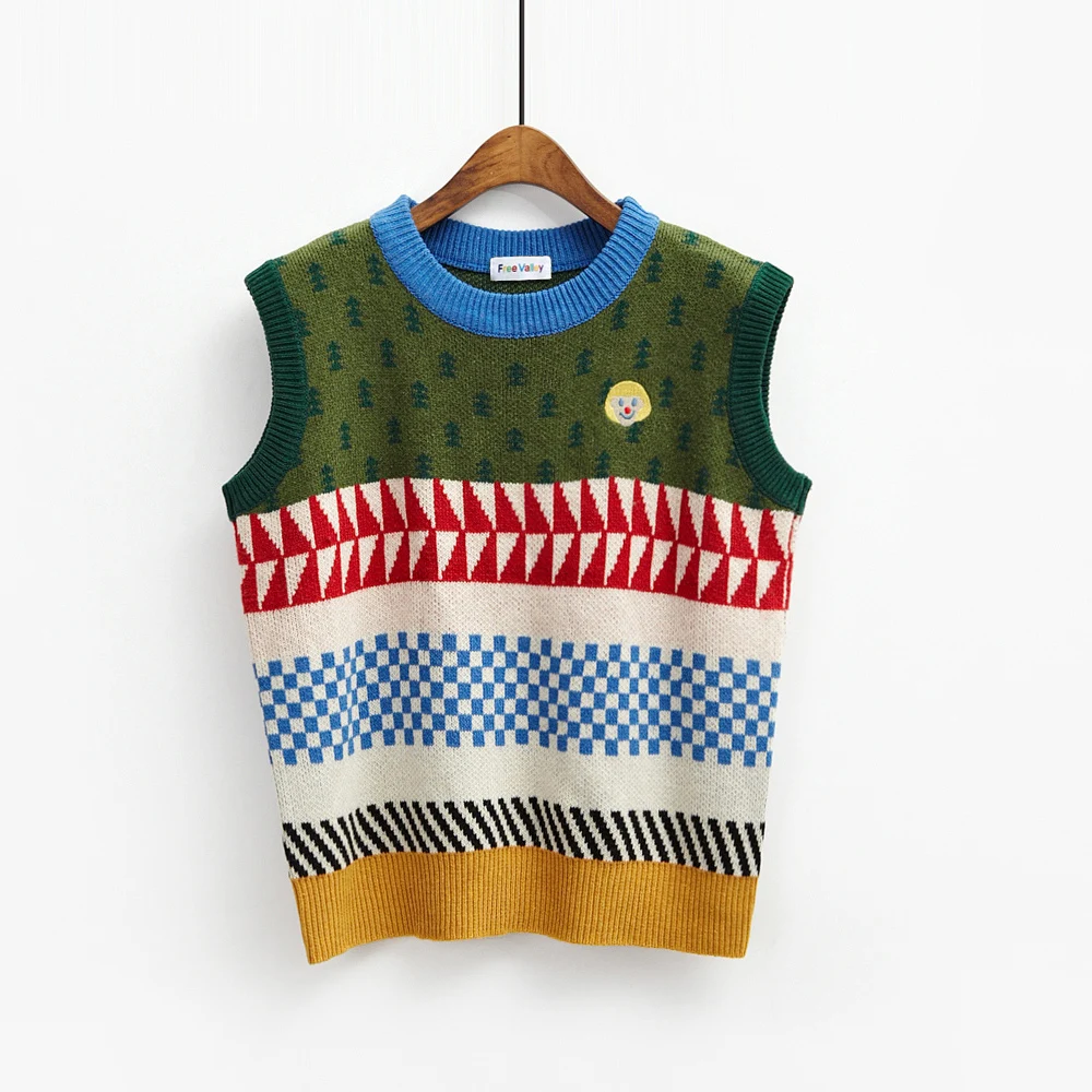 Korean Institute Wind Retro Color Patchwork Printed Cute Sweater Vest Womens Casual Round Neck Loose Knit Pullovers Jumpers | Женская