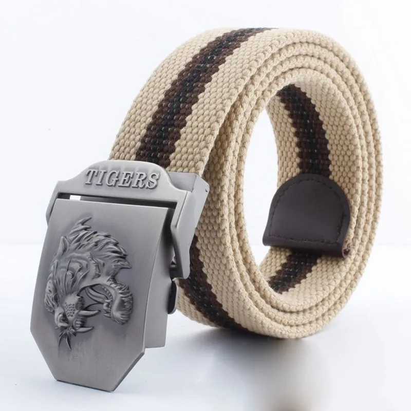 W Khaki stripe Лучший YBT настоящий полосатый взрослый Повседневный модный унисекс тигровый кожаный ремень холщовый ремень мужской ремень из сплава с автоматической пряжкой вязаный ремень - Цвет: W Khaki stripe
