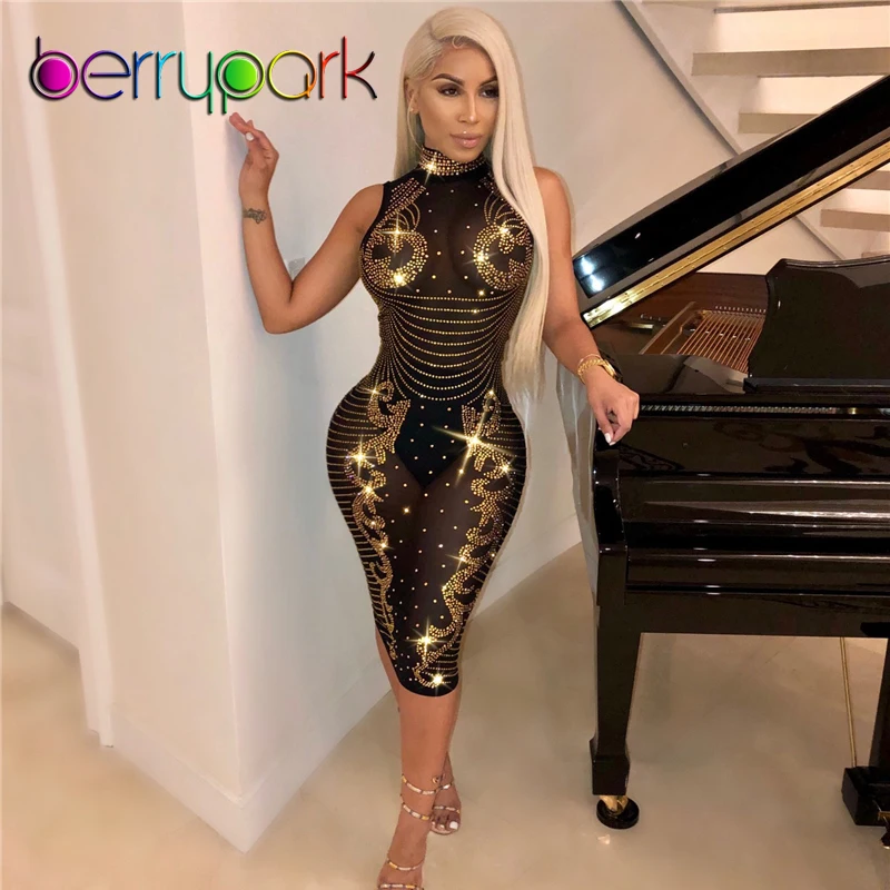 

BerryPark 2019 зимнее блестящее Сетчатое платье для ночного клуба с бриллиантами для женщин водолазка без рукавов облегающие сексуальные платья ...