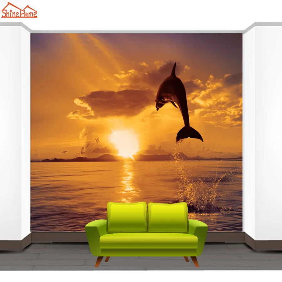 ShineHome Dolphin Jumping Sea Sunset Dusk Animal обои фрески рулоны для 3d стен 3 d гостиной обои|wallpaper