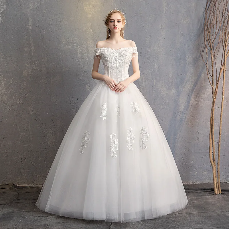 

2019 New Wedding Dress Korean Style Bride Wedding Simple Romantic Fashion White Shoulderless Long Lace Flower Wedding Dress