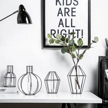Simple Nordic Geometric Glass Hydroponic Transparent Wrought Iron Flower Vase Home Living Room Fake Decoration Ornaments | Дом и сад