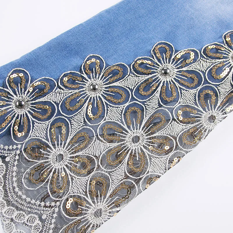 

Best Seller 2019 Brand Skinny High Waist Flare Pants Women Sequined Lace Embroidery Jeans Sweet Plus Size Blue Black Trousers