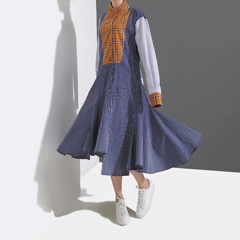 2019 Korean Style Women Spring Blue Striped Patchwork Shirt Dress Sashes Long Sleeve A-Line Female Casual Robe Femme 4653 | Женская
