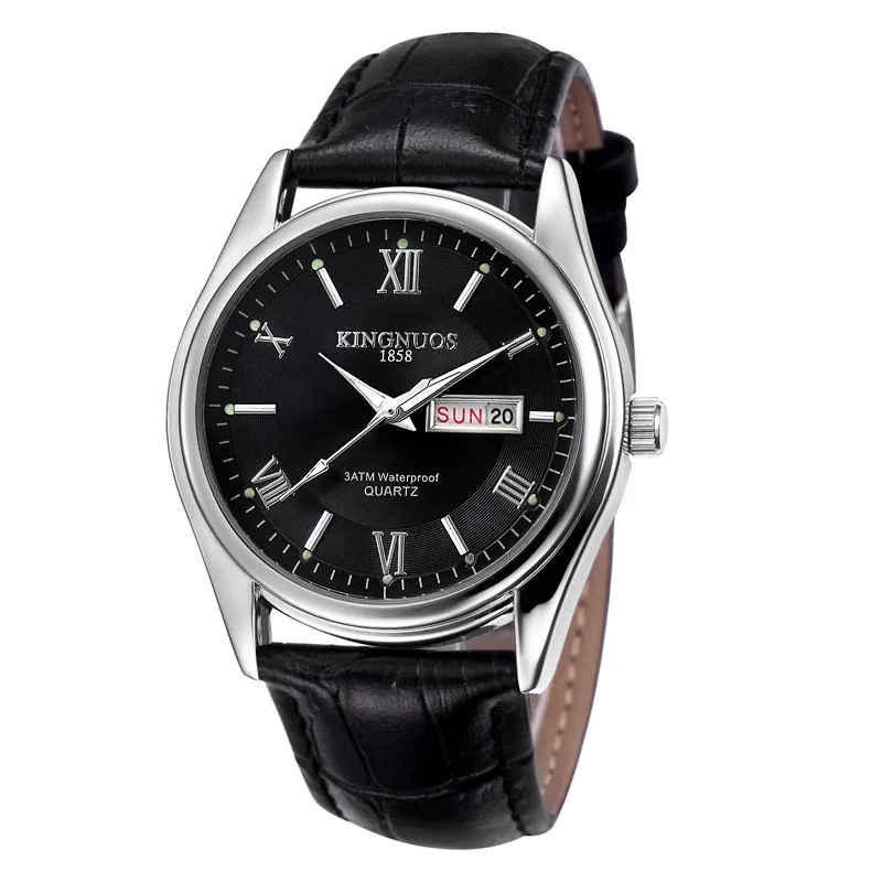 Black Leather Black Мужские наручные часы, Relogio Masculino, люксовый бренд, нержавеющая сталь, аналоговый дисплей, дата, неделя, водонепроницаемые мужские кварцевые часы, деловые - Цвет: Black Leather Black