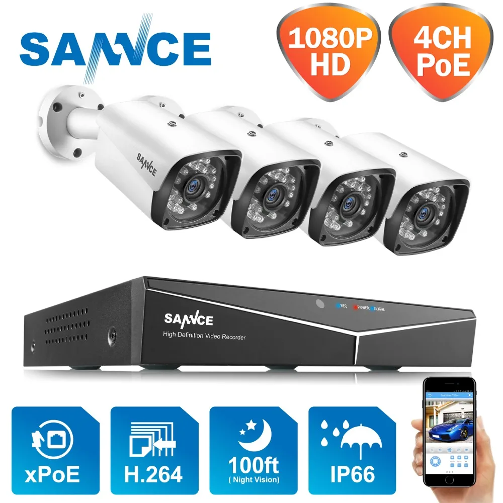 Сетевая система видеонаблюдения SANNCE 4 канала 1080P XPoE шт. 2 МП наружная IP камера