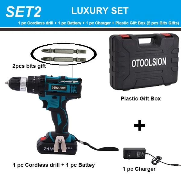 SET2 (1 pc battery) Новинка, 21 в, ударная электрическая дрель, электрическая дрель с переменной скоростью, ударные шуруповерты, 1,5 мАч, ударная Аккумуляторная дрель, литиевая батарея, для дома, сделай сам - Цвет: SET2 (1 pc battery)